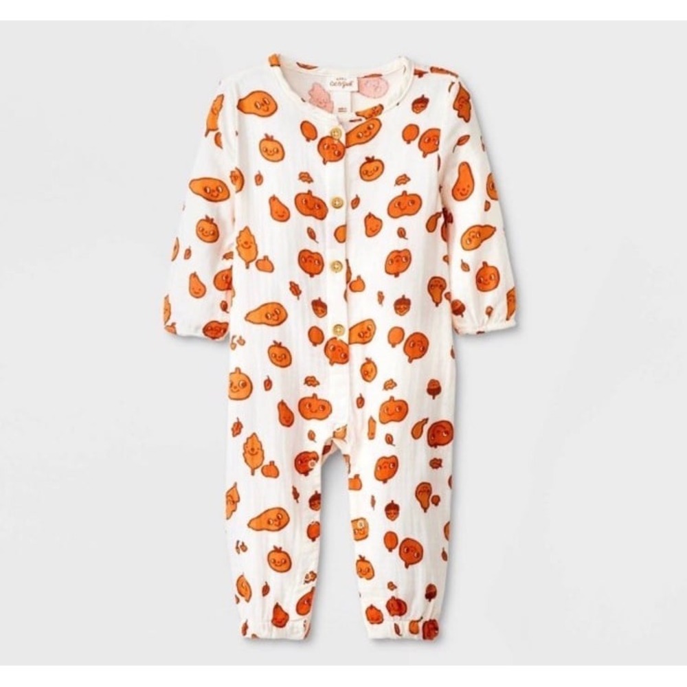 Nwt gauze long sleeve pumpkin autumn fall thanksgiving romper jumper 6-9 months